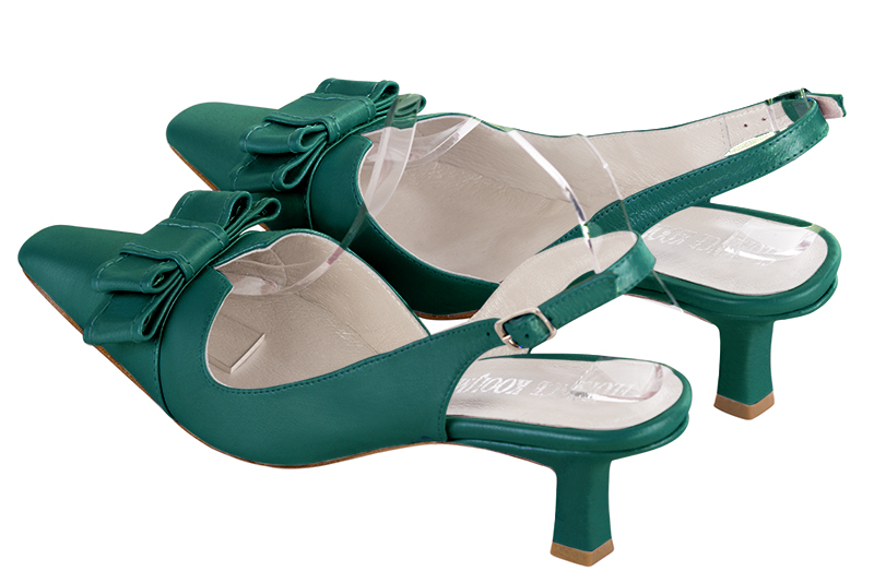 Emerald green women's open back shoes, with a knot. Tapered toe. Medium spool heels. Rear view - Florence KOOIJMAN